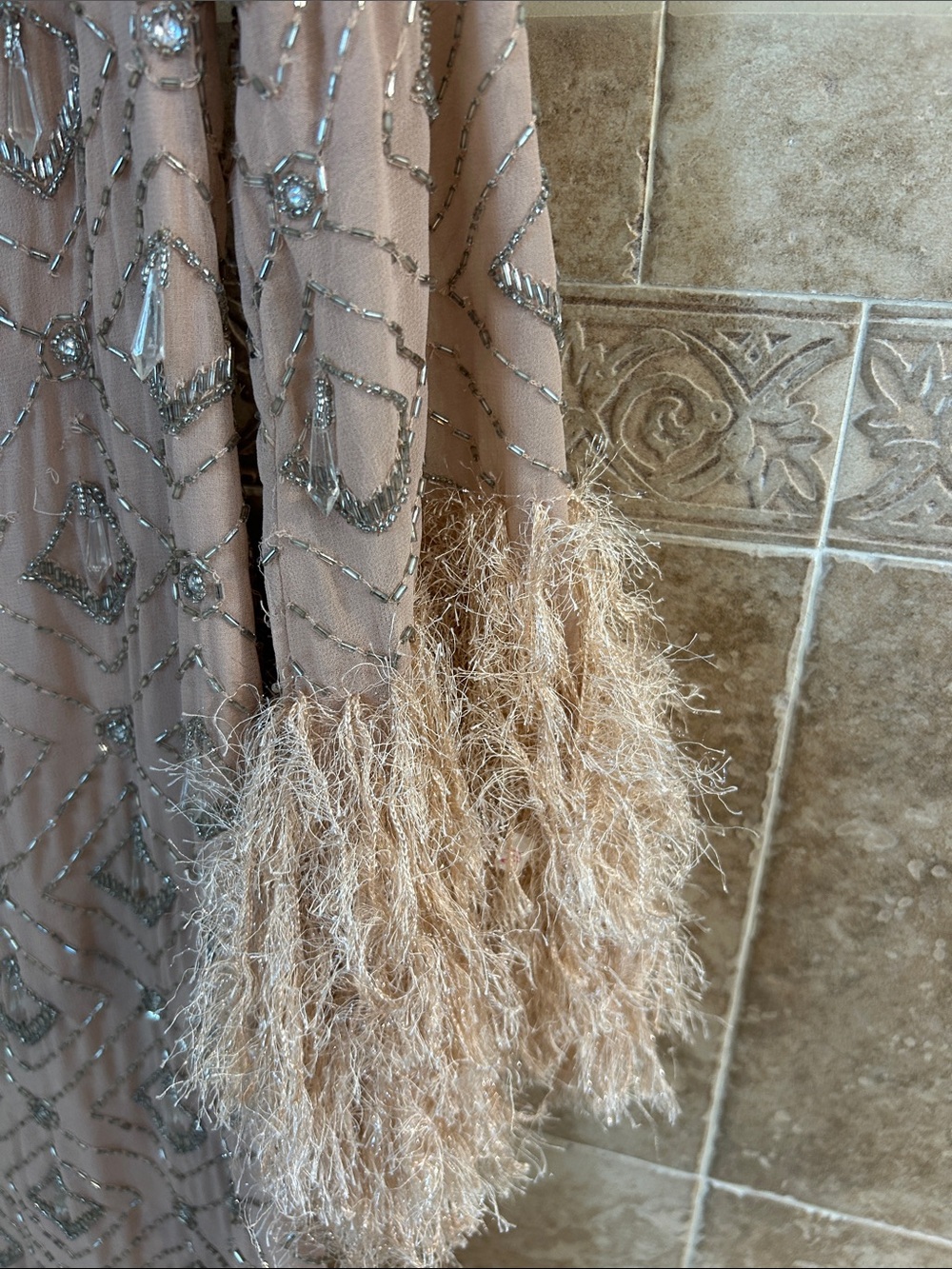 ASOS Blush Pink Beaded Long Sleeve Feather Cuff Dress - Picture 2 of 9